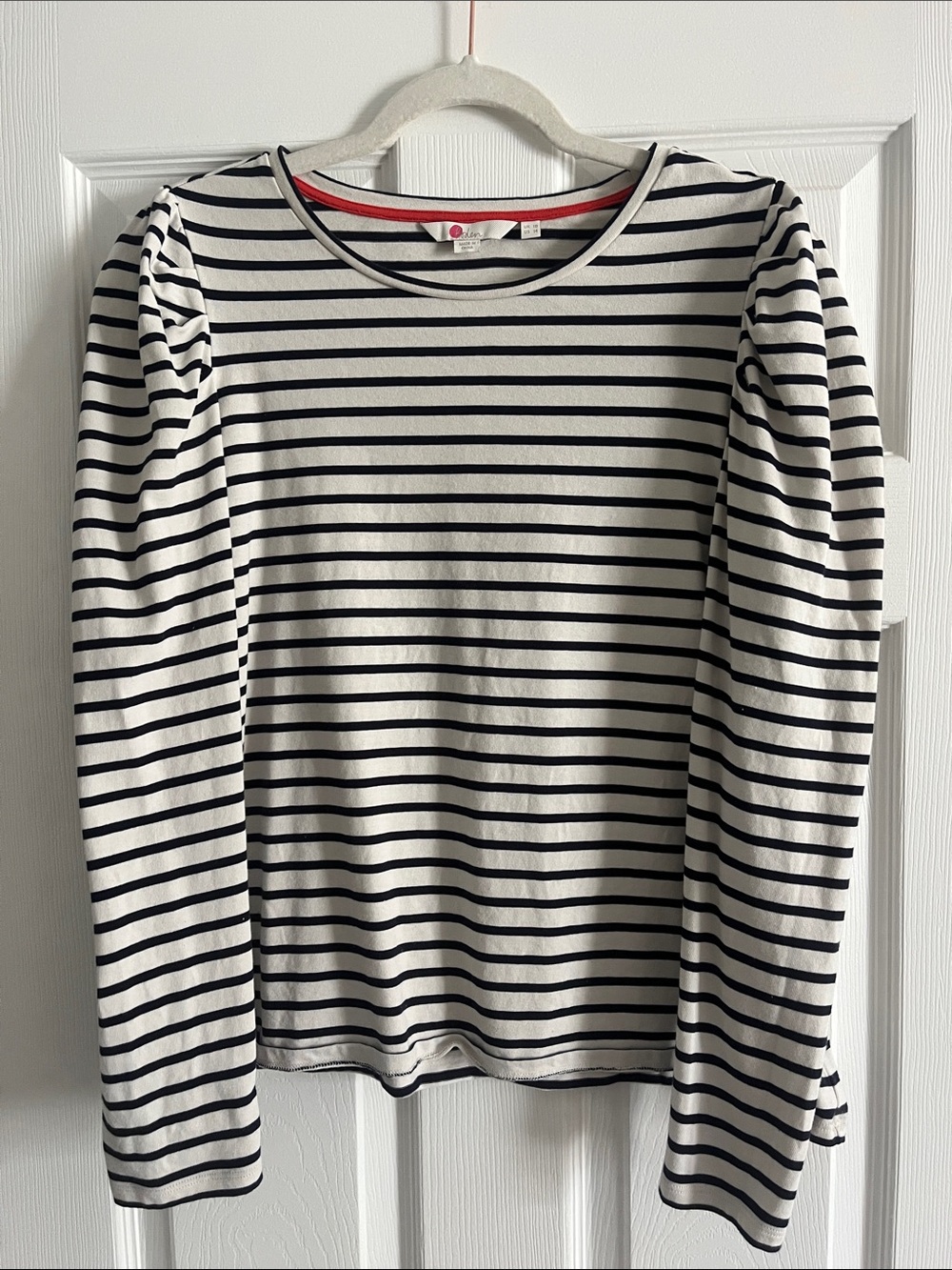 Boden Black & White Striped Puff-Sleeve Long Sleeve Top